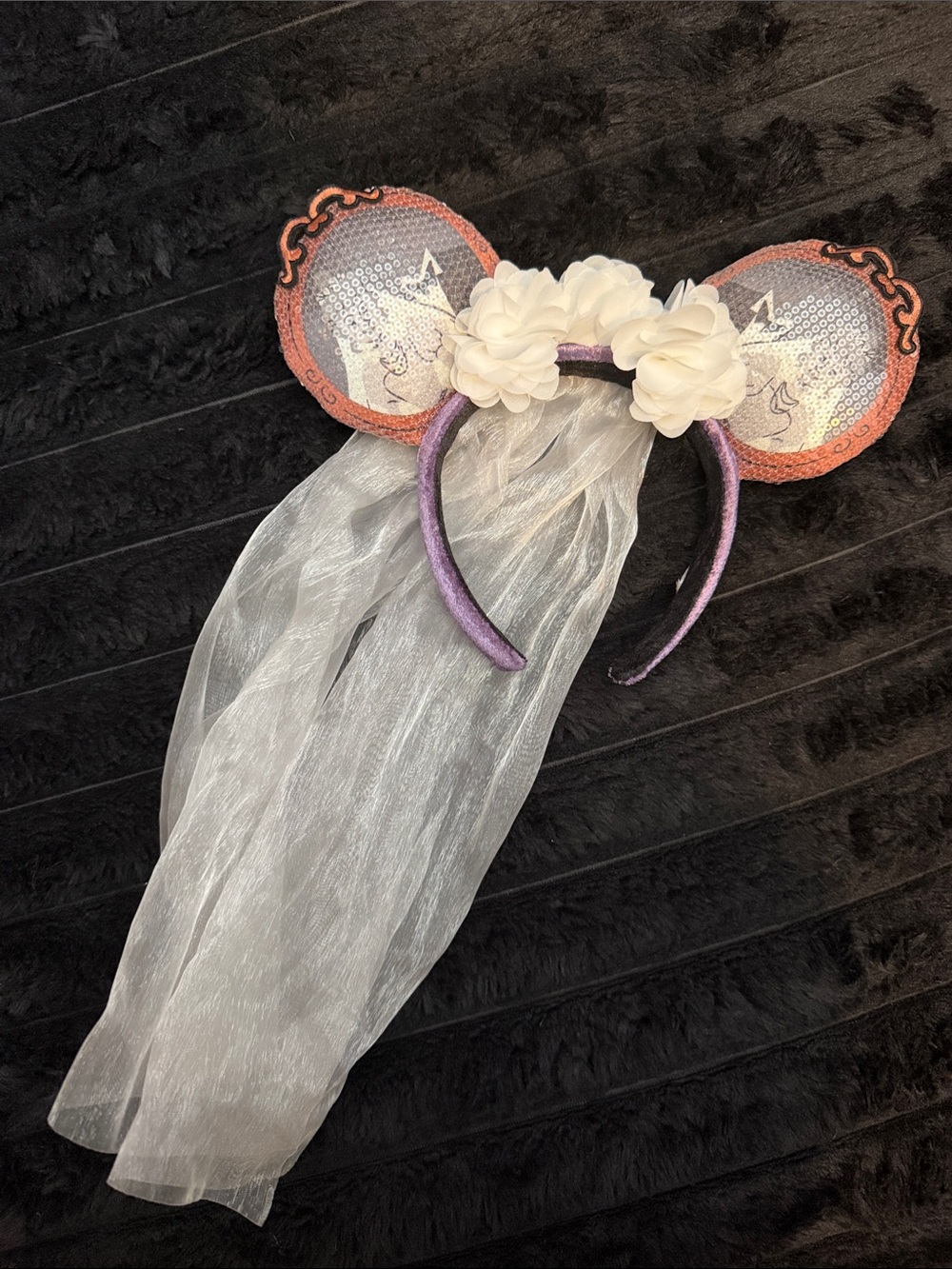 Disney Sequin Ear Headband with White Flowers and Sheer Veil